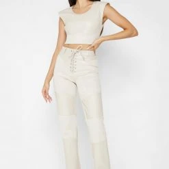 Woman Trousers Vegan Leather And Suede Lace Up Trousers - Beige