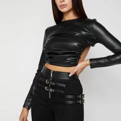 Woman Tops Vegan Leather Backless Top - Black TOPS & T SHIRTS