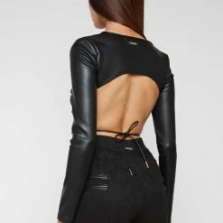 Woman Tops Vegan Leather Backless Top - Black TOPS & T SHIRTS