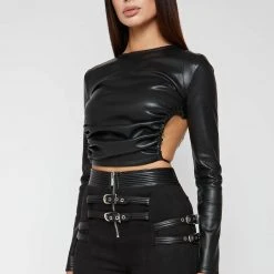 Woman Tops Vegan Leather Backless Top - Black TOPS & T SHIRTS
