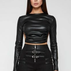 Woman Tops Vegan Leather Backless Top - Black TOPS & T SHIRTS