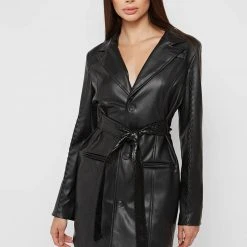 Woman Dresses Vegan Leather Belted Blazer Dress - Black