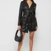 Woman Dresses Vegan Leather Belted Blazer Dress - Black