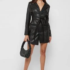 Woman Dresses Vegan Leather Belted Blazer Dress - Black