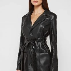 Woman Dresses Vegan Leather Belted Blazer Dress - Black