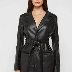Woman Dresses Vegan Leather Belted Blazer Dress - Black