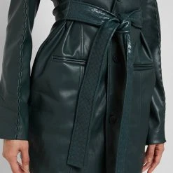Woman Dresses Vegan Leather Belted Blazer Dress - Forest Green