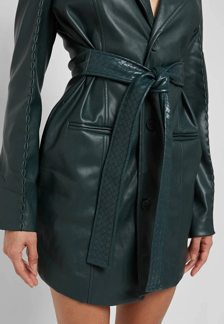 Woman Dresses Vegan Leather Belted Blazer Dress - Forest Green