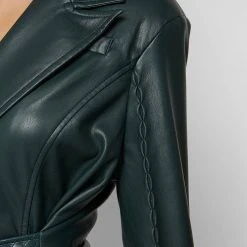 Woman Dresses Vegan Leather Belted Blazer Dress - Forest Green