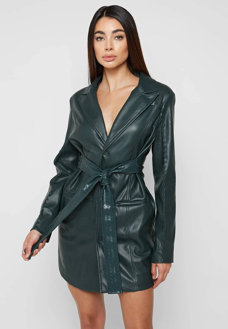 Woman Dresses Vegan Leather Belted Blazer Dress - Forest Green