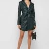 Woman Dresses Vegan Leather Belted Blazer Dress - Forest Green