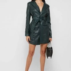 Woman Dresses Vegan Leather Belted Blazer Dress - Forest Green