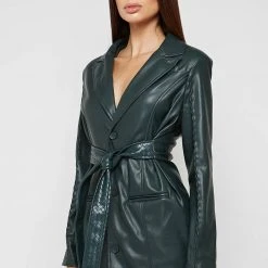 Woman Dresses Vegan Leather Belted Blazer Dress - Forest Green
