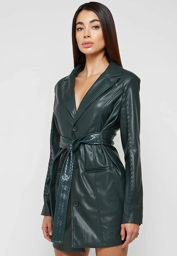 Woman Dresses Vegan Leather Belted Blazer Dress - Forest Green