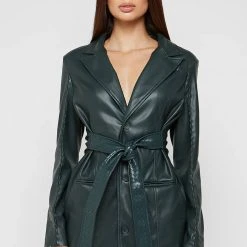 Woman Dresses Vegan Leather Belted Blazer Dress - Forest Green