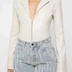 Woman Tops Vegan Leather Blazer Bodysuit - Beige BODYSUITS