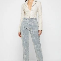 Woman Tops Vegan Leather Blazer Bodysuit - Beige BODYSUITS