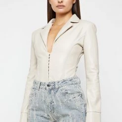 Woman Tops Vegan Leather Blazer Bodysuit - Beige BODYSUITS