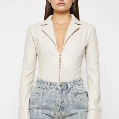 Woman Tops Vegan Leather Blazer Bodysuit - Beige BODYSUITS