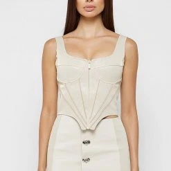 Woman Tops TOPS & T SHIRTS Vegan Leather Corset Top - Beige