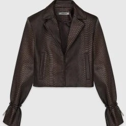 Woman Jackets Vegan Leather Croc Cropped Jacket - Brown
