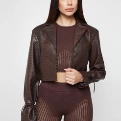Woman Jackets Vegan Leather Croc Cropped Jacket - Brown