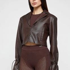 Woman Jackets Vegan Leather Croc Cropped Jacket - Brown