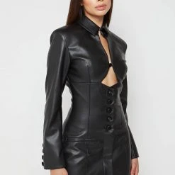 Woman Dresses Vegan Leather Cut Out Blazer Dress - Black