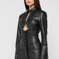 Woman Dresses Vegan Leather Cut Out Blazer Dress - Black