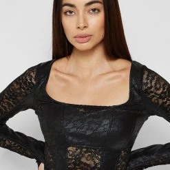 Woman Tops Vegan Leather & Lace Bustier Top - Black