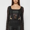Woman Tops Vegan Leather & Lace Bustier Top - Black