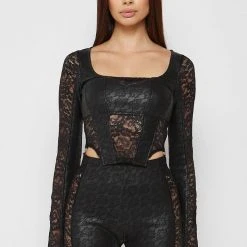 Woman Tops Vegan Leather & Lace Bustier Top - Black