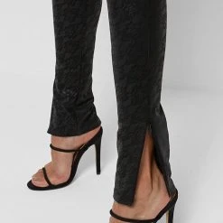 Woman Leggings Vegan Leather & Lace Leggings - Black