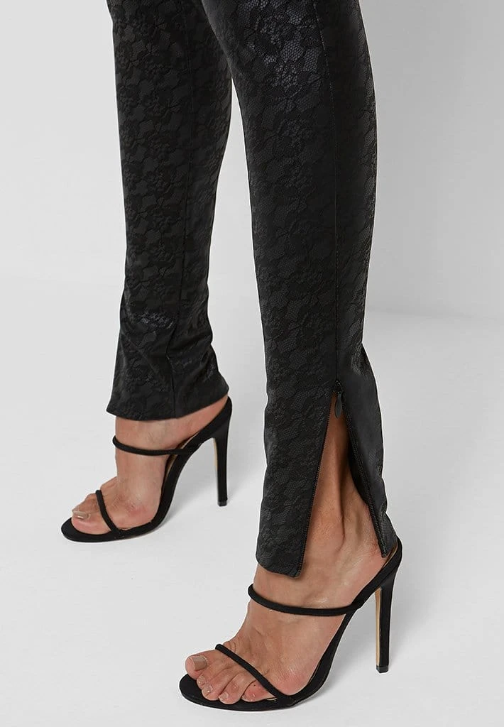 Woman Leggings Vegan Leather & Lace Leggings - Black