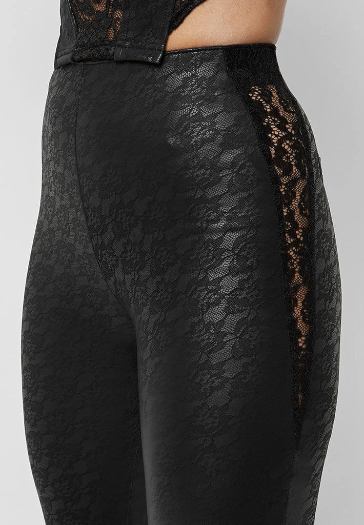 Woman Leggings Vegan Leather & Lace Leggings - Black
