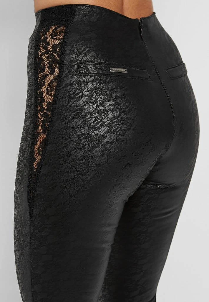 Woman Leggings Vegan Leather & Lace Leggings - Black