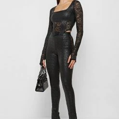 Woman Leggings Vegan Leather & Lace Leggings - Black