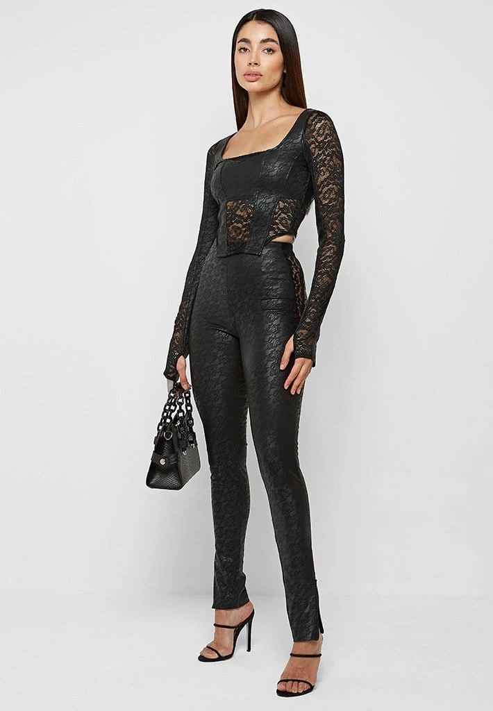 Woman Leggings Vegan Leather & Lace Leggings - Black