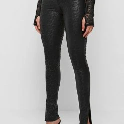 Woman Leggings Vegan Leather & Lace Leggings - Black