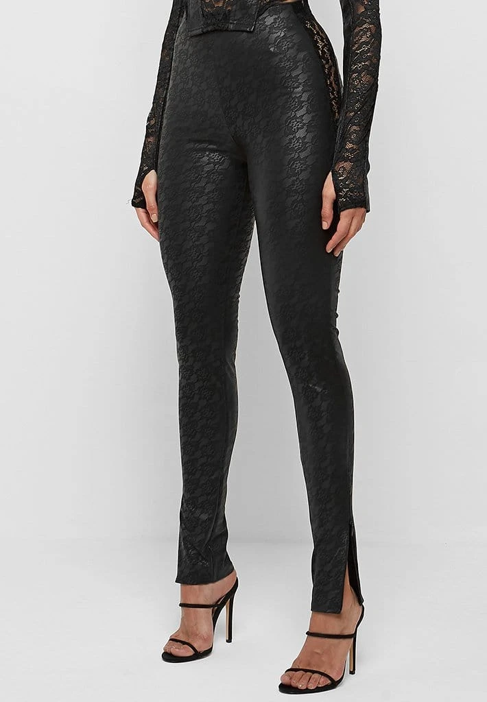 Woman Leggings Vegan Leather & Lace Leggings - Black