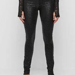 Woman Leggings Vegan Leather & Lace Leggings - Black
