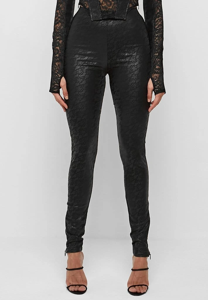 Woman Leggings Vegan Leather & Lace Leggings - Black