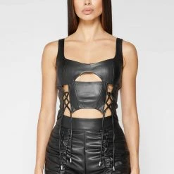 Woman Tops TOPS & T SHIRTS Vegan Leather Lace Up Corset Top - Black