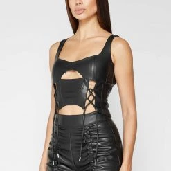 Woman Tops TOPS & T SHIRTS Vegan Leather Lace Up Corset Top - Black