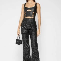 Woman Tops TOPS & T SHIRTS Vegan Leather Lace Up Corset Top - Black