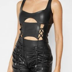Woman Tops TOPS & T SHIRTS Vegan Leather Lace Up Corset Top - Black