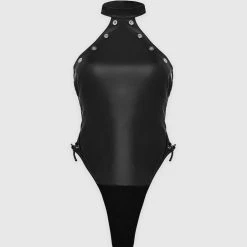Woman Tops BODYSUITS Vegan Leather Lace Up Halterneck Bodysuit - Black