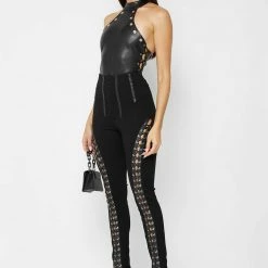 Woman Tops BODYSUITS Vegan Leather Lace Up Halterneck Bodysuit - Black