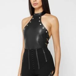 Woman Tops BODYSUITS Vegan Leather Lace Up Halterneck Bodysuit - Black