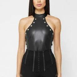 Woman Tops BODYSUITS Vegan Leather Lace Up Halterneck Bodysuit - Black